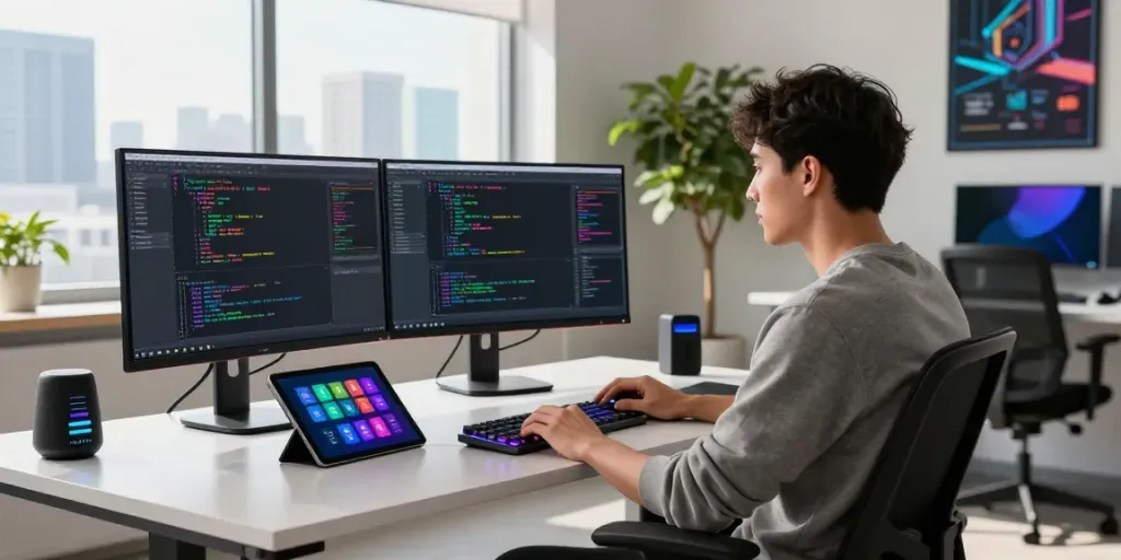 Developer leveraging instant indexing on multiple monitors in a modern tech workspace.