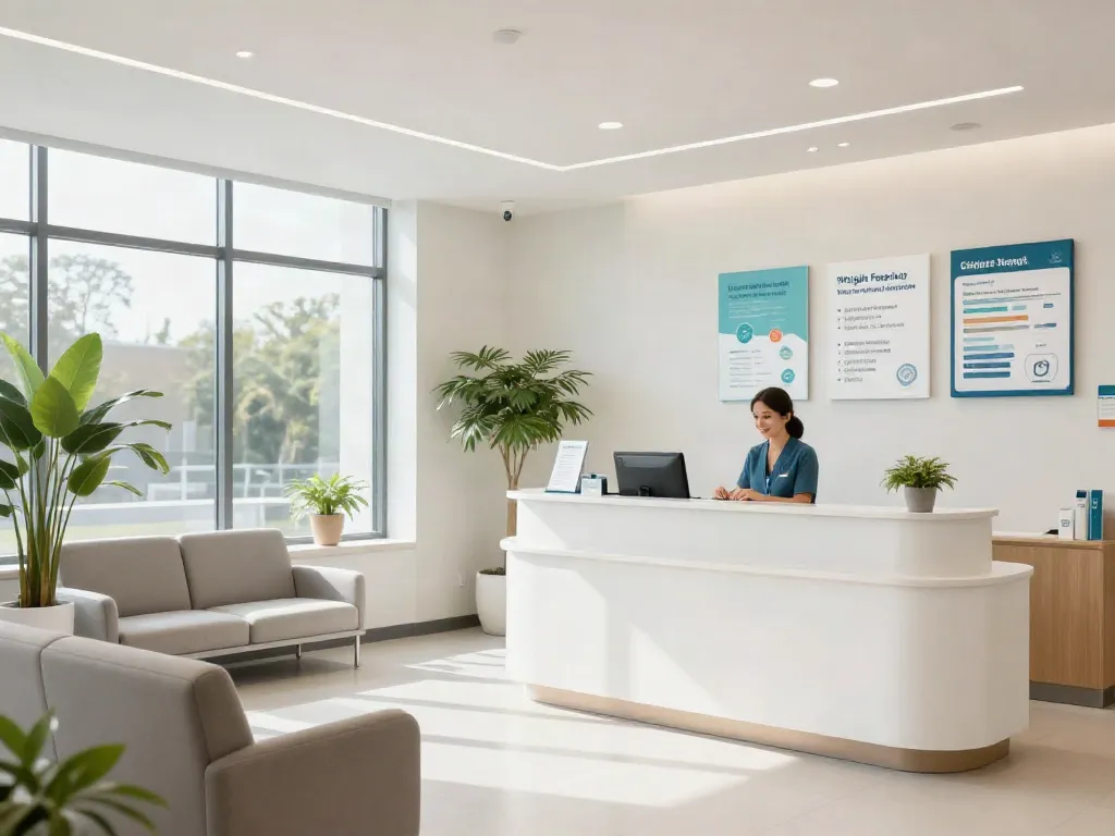 Modern weight loss pharmacy with friendly staff and health information displays.